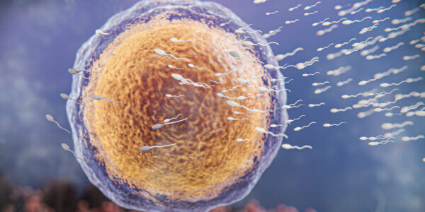 Ilustracja 3D procesu zapłodnienia: plemniki docierające do komórki jajowej